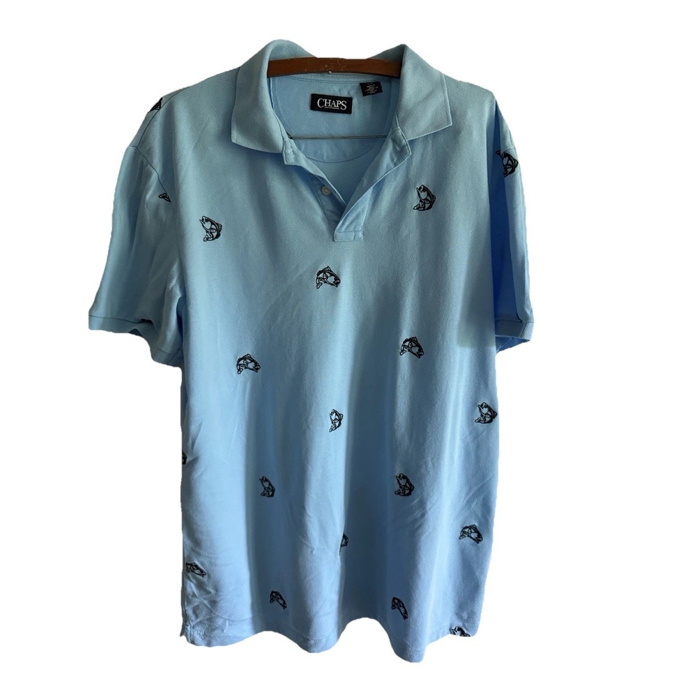 Chaps Men Large Blue Polo Shirt Allover Embroidered Fish Trout Pique Cotton L